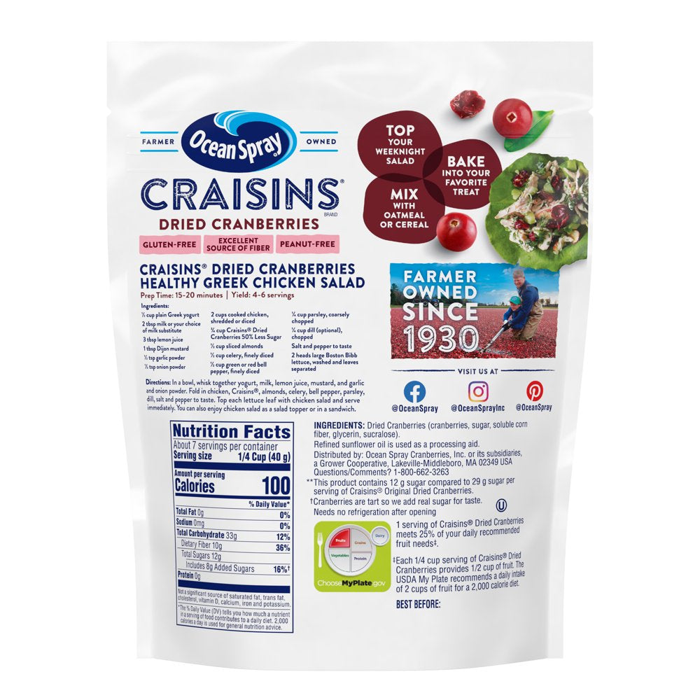 Ocean Spray Craisins Dried Cranberries Reduced Sugar, 10 Oz