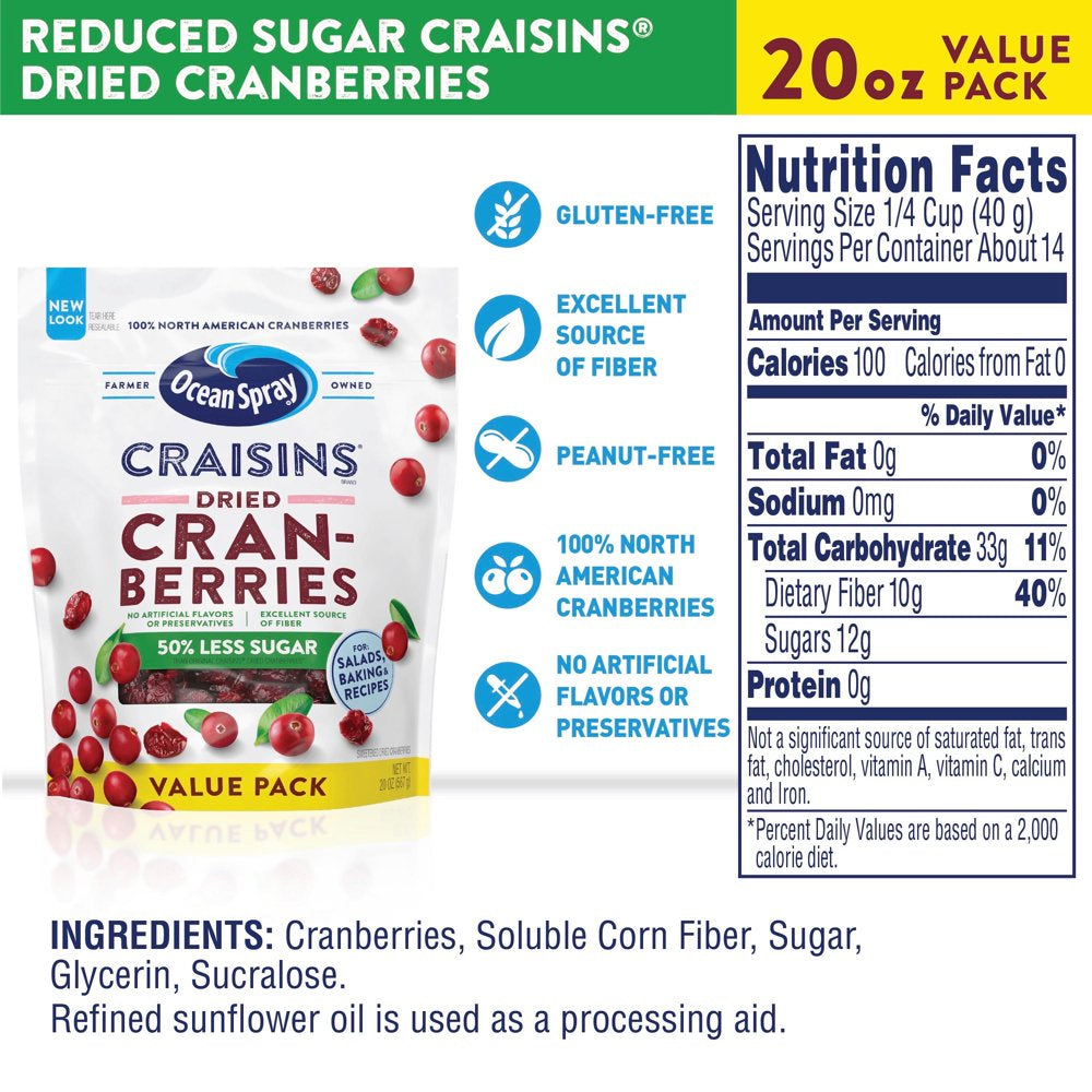 Ocean Spray Craisins Dried Cranberries, Reduced Sugar, 20Oz Resealable Pouch