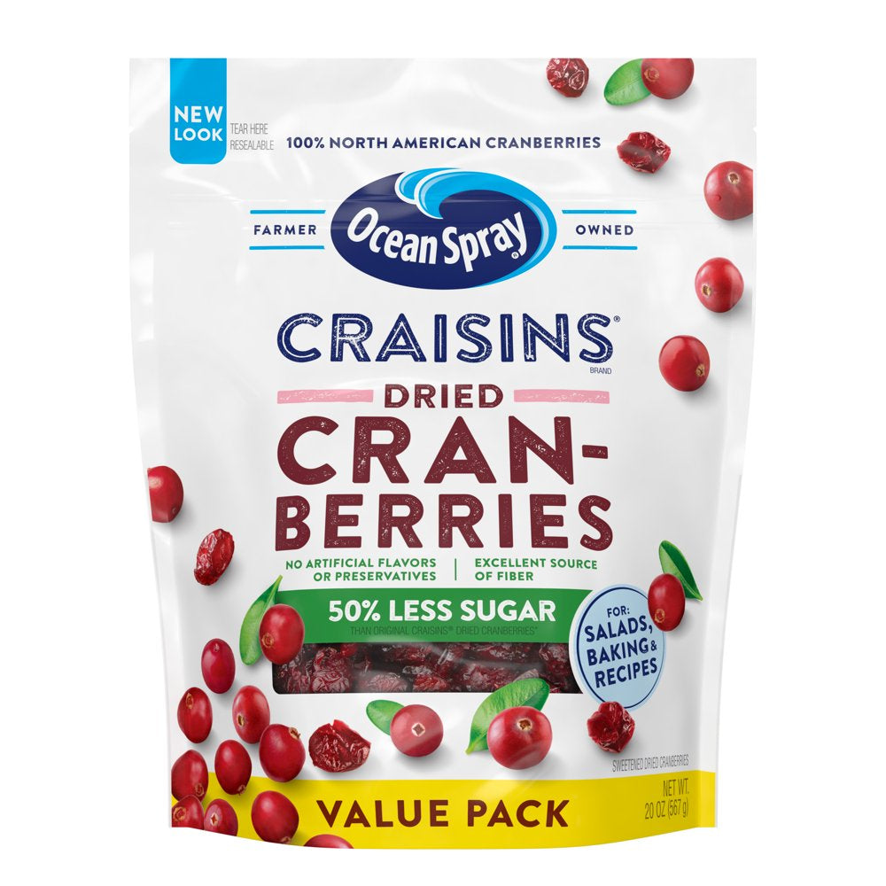 Ocean Spray Craisins Dried Cranberries, Reduced Sugar, 20Oz Resealable Pouch